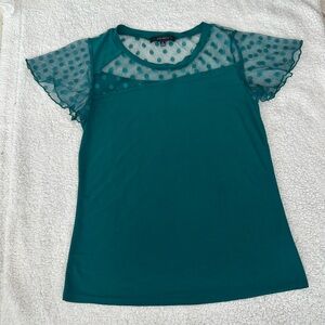 Teal Atelier Blouse with Sheer Polka Dot Sleeves, Women’s Size Small